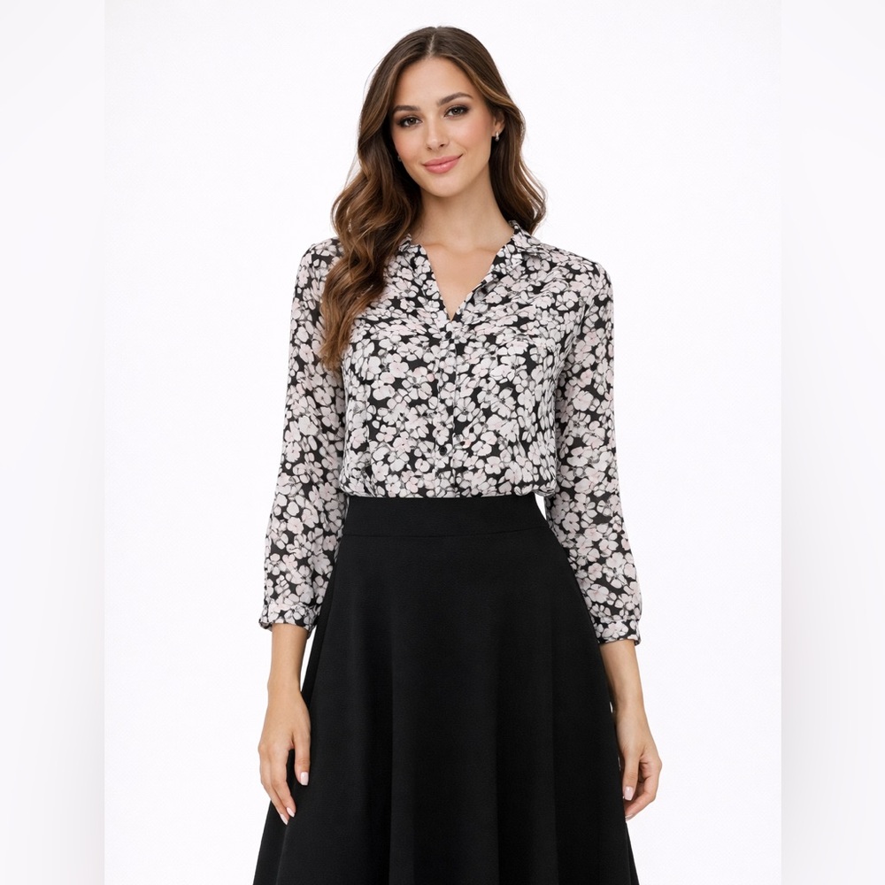 Elle Black White Pink Floral Long Sleeve Button Down Shirt